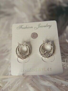 Fashion Jewelry Silver Cat Ear Hoop Earrings with Crystal Details